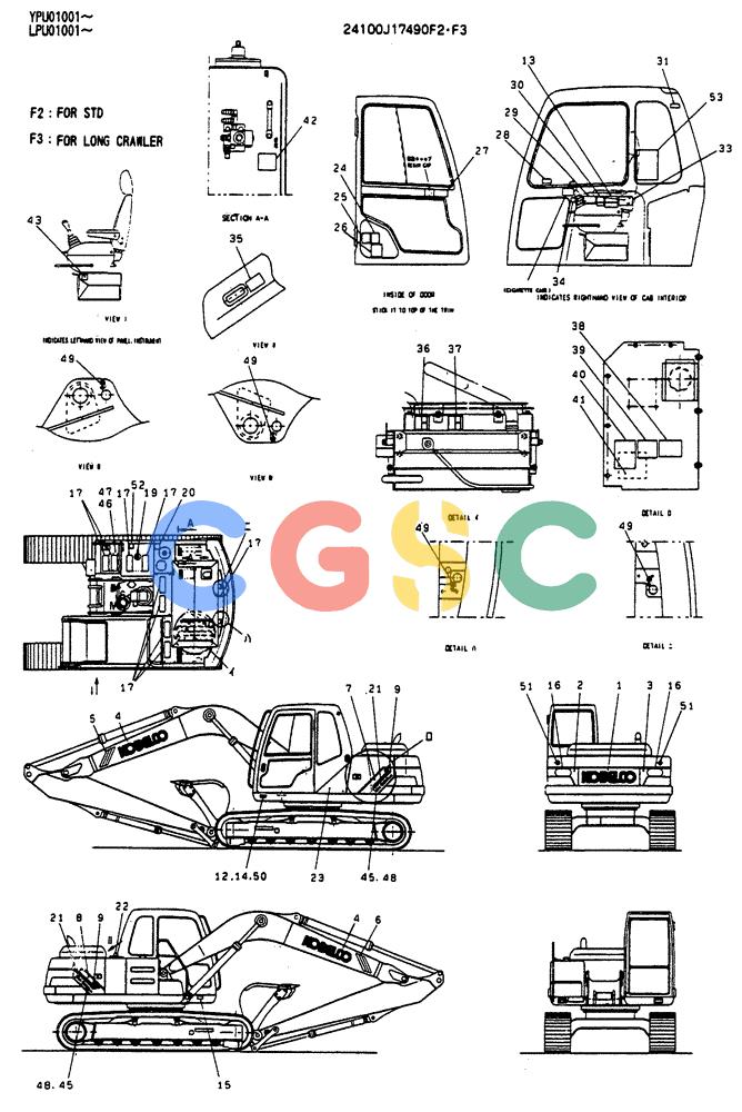神钢零件查询(SK130LC) - EXCAVATOR BTW YPU1001 - YPU2000 (1/98-12/98) (11-002[01]) - LABEL INSTALLATION Kobelco