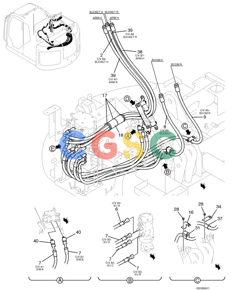 纽荷兰零件查询(E70BSR) - COMPACT CRAWLER EXCAVATOR BTW YT05-15001 - 18000 (NA) (4/08-) (02-20-00[01]) - UPPER HYDRAULIC LINES (YT03H00049F1), PAGE 1 OF 2 New Holland Constructuion