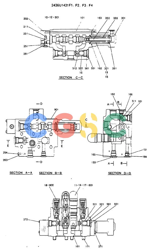 神钢零件查询(MD240C) - EXCAVATOR BTW LLU0301 - LLU0600 (1/80-12/06) (13-005) - VALVE ASSY, CONTROL (SWING) - 2436U1431F1-F4 Kobelco