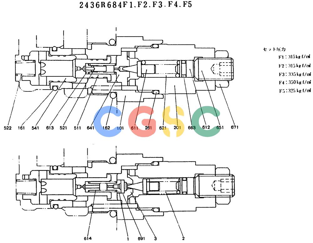神钢零件查询(MD140BLC) - EXCAVATOR BTW YP1001 - YP1281 (1/80-12/06) (11-003) - VALVE ASSY, PORT RELIEF 2436R684F1,F2,F3,F4,F5 Kobelco