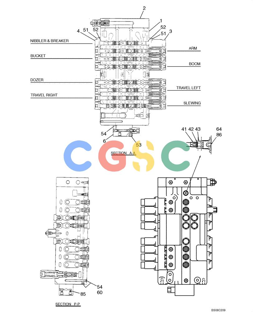 纽荷兰零件查询(E70BSR) - COMPACT CRAWLER EXCAVATOR BTW YT05-15001 - 18000 (NA) (4/08-) (08-01-00[02]) - VALVE ASSEMBLY, CONTROL (MAIN) (YT30V00039F1), PAGE 2 OF 4 New Holland Constructuion