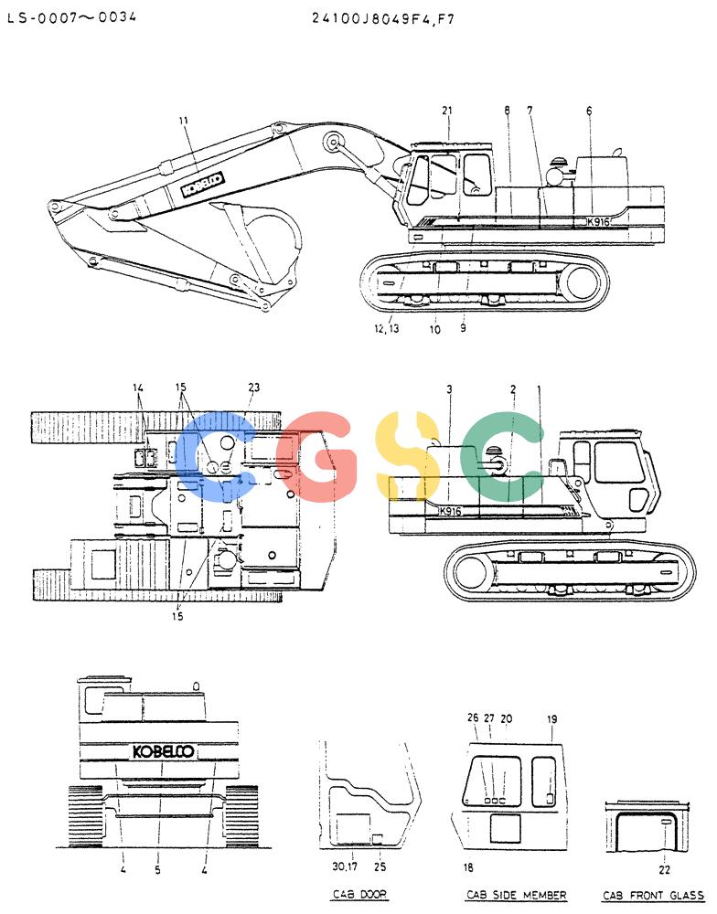 神钢零件查询(K916LC) - EXCAVATOR ASN YS0119 (1/87-12/03) (08-037[01]) - LABEL,NAME PLATE(FOR NORTH EUROPE)-P/N 24100J8049F4 Kobelco