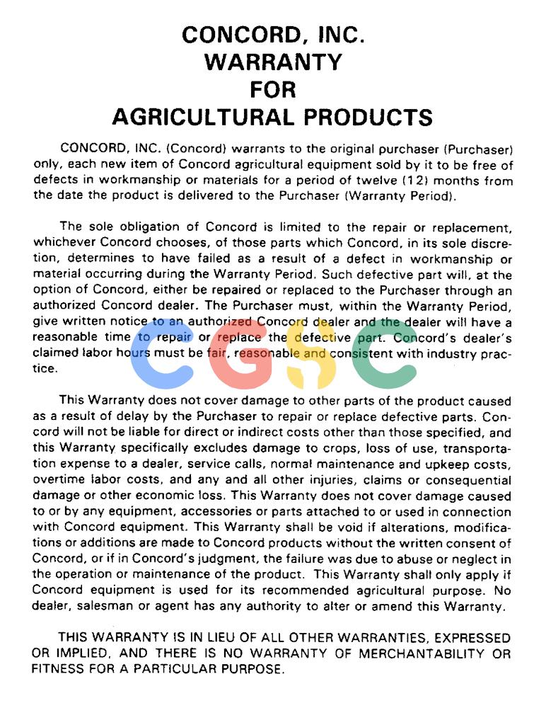 凯斯零件查询(1002) - CONCORD AIR SYSTEM (9/81-12/01) (02B) - CONCORD, INCORPORATED, WARRANTY FOR AGRICULTURAL PRODUCTS Case Agriculture