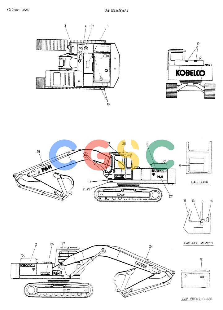 神钢零件查询(K907CLC) - EXCAVATOR BTW YG0101 - YG0500 (1/85-12/03) (15-019) - LABEL,NAME-PLATE(FOR LONG CRAWLER) P/N 24100J4904F4 Kobelco