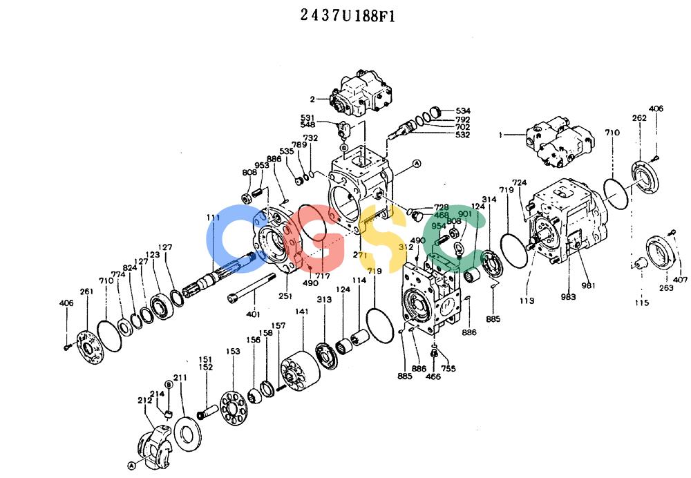 神钢零件查询(MD140BLC) - EXCAVATOR BTW YP1001 - YP1281 (1/80-12/06) (11-018) - PUMP ASSY 2437U188F1 Kobelco