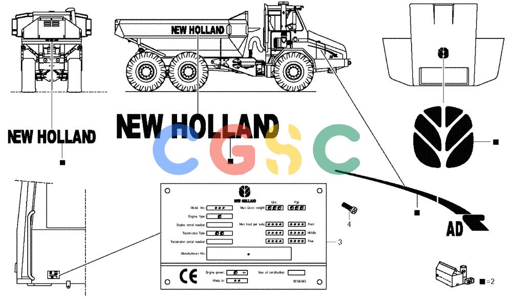 纽荷兰零件查询(AD250) - ARTICULATED DUMP TRUCK (7/01-) (6.785N/1[01]) - ACCESSORIES - DECALS AND PLATES New Holland Constructuion