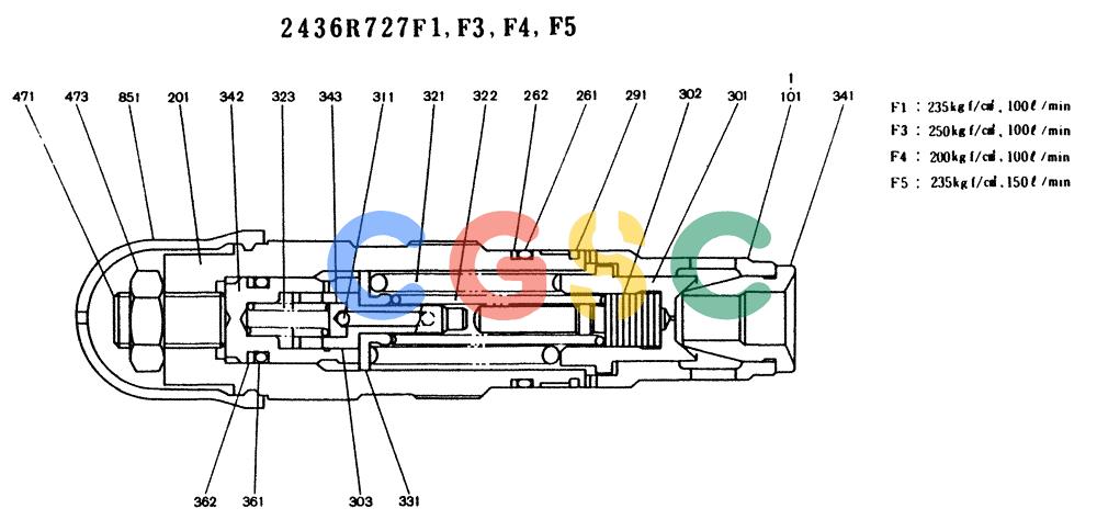 神钢零件查询(K904) - MARK II EXCAVATOR ASN YW1119 (1/88-12/03) (11-007) - VALVE ASSY, RELIEF, P/N 2436R727F1 Kobelco