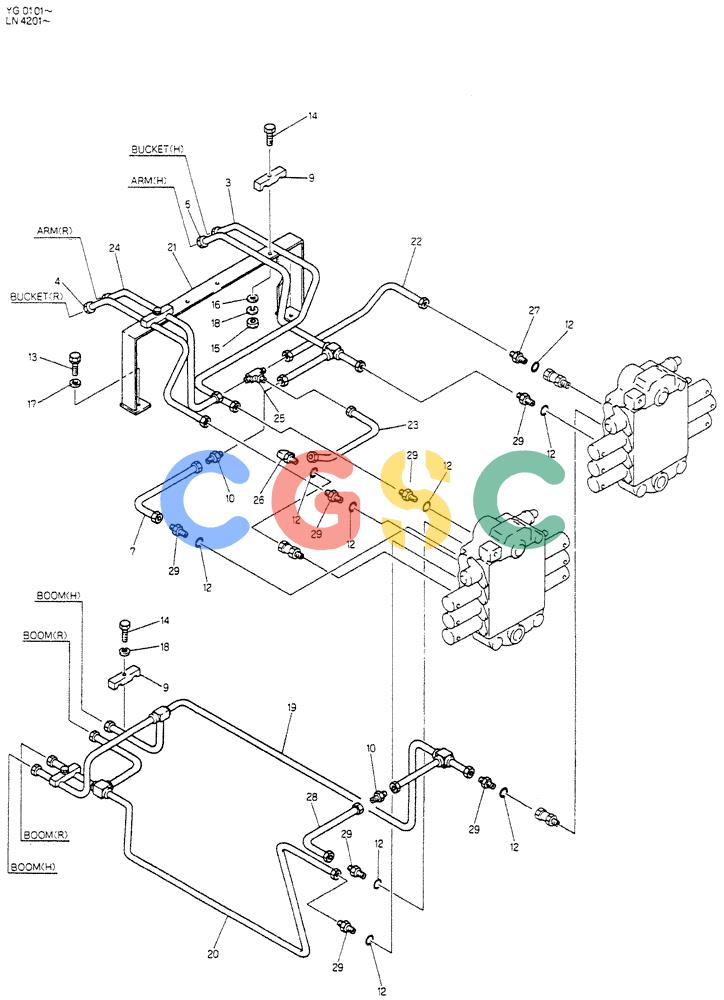 神钢零件查询(K907CLC) - EXCAVATOR BTW YG0101 - YG0500 (1/85-12/03) (04-003) - HYDR LINES, UPP (P/N-24100X1109F2) Kobelco