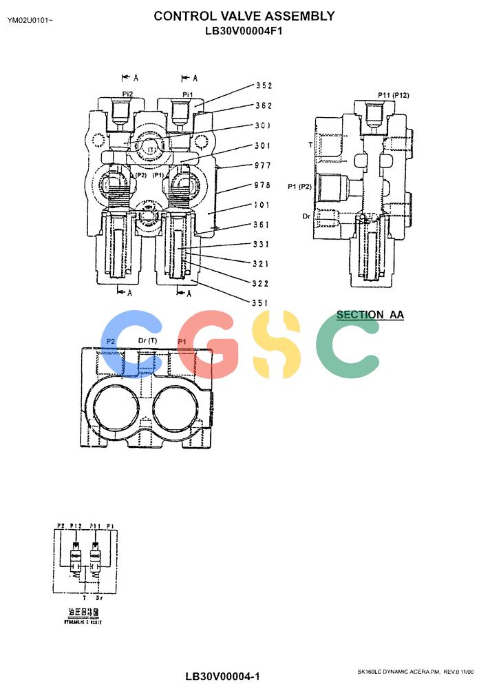 神钢零件查询(SK160LC) - DYNAMIC ACERA EXCAVATOR 11/2000 ASN YM02U0101 (11/00-12/02) (08-002[02]) - CONTROL VALVE ASSY P/N LB30V00004F1 Kobelco