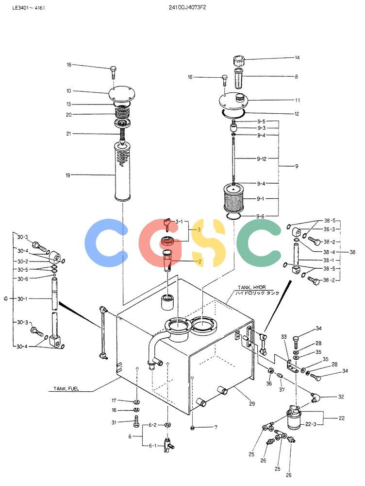 神钢零件查询(K903B) - EXCAVATOR ASN LE3401 (1/85-12/03) (01-008) - TANK ASSY, P/N 24100J4073F2 Kobelco