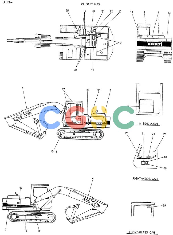 神钢零件查询(K905LC) - EXCAVATOR BTW YP0115 - YP0301 (1/85-12/03) (10-007) - LABLE,NAME- PLATE P/N 24100J5114F3 Kobelco