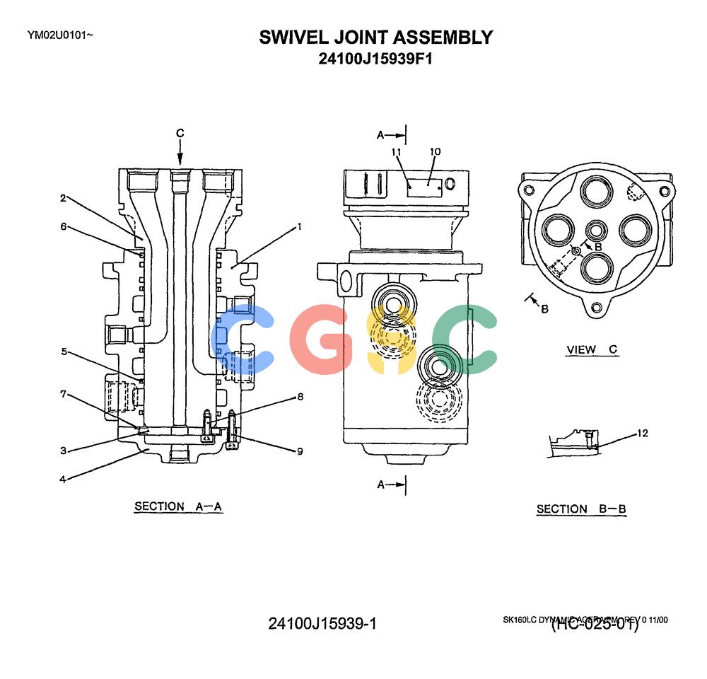 神钢零件查询(SK160LC) - DYNAMIC ACERA EXCAVATOR 11/2000 ASN YM02U0101 (11/00-12/02) (08-001) - SWIVEL JOINT ASSY P/N 24100J15939F1 Kobelco