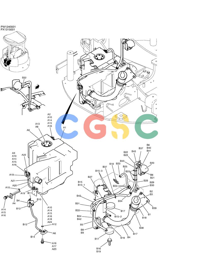 纽荷兰零件查询(E35SR) - COMPACT CRAWLER EXCAVATOR ASN PX13-15001 (N6TN61732) (NA) (1/06-) (01-012) - TANK ASSY, FUEL (CANOPY) New Holland Constructuion