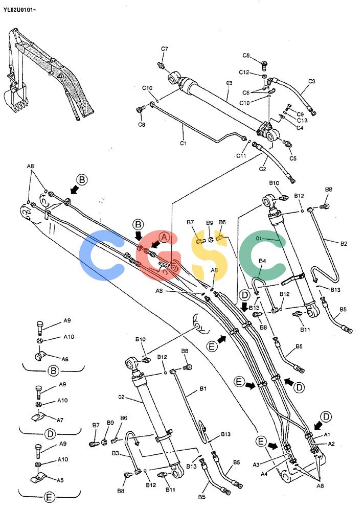 神钢零件查询(ED190LC) - BLADE RUNNER EXCAVATOR/DOZER BTW YL02U0101 - YL03U0135 (1/02-12/06) (03-002) - HYD LINES BOOM 5.2M (17FT 1IN) Kobelco