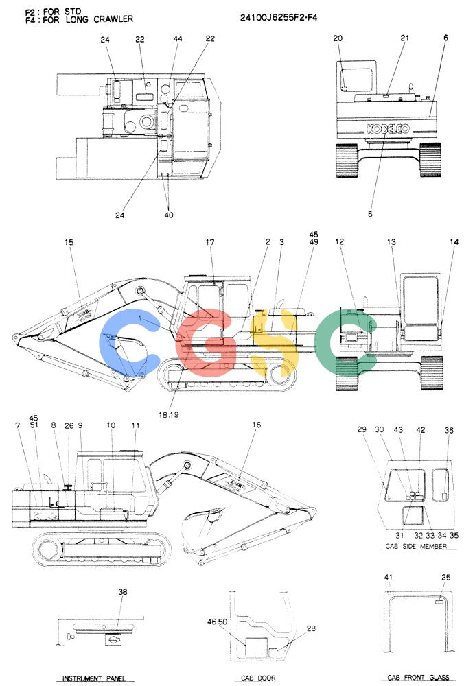 神钢零件查询(K904EL) - EXCAVATOR ASN LX1401 (1/86-12/03) (10-002[02]) - LABEL, NAME-PLATE, P/N 24100J6255F2, F4 Kobelco