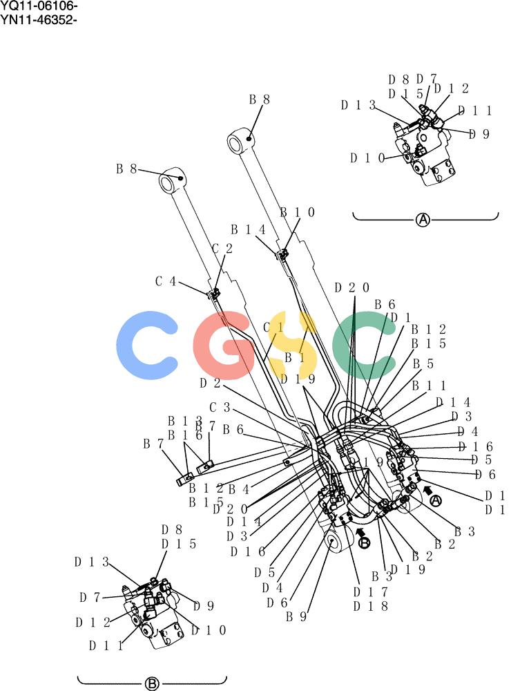 神钢零件查询(200-8) - EXCAVATOR S/N YN11-45001 - (1/06-12/09) (853-01A-2) - HYD LINES, BOOM 8.75M (28FT 9IN) (50FT LONG RANGE) Kobelco