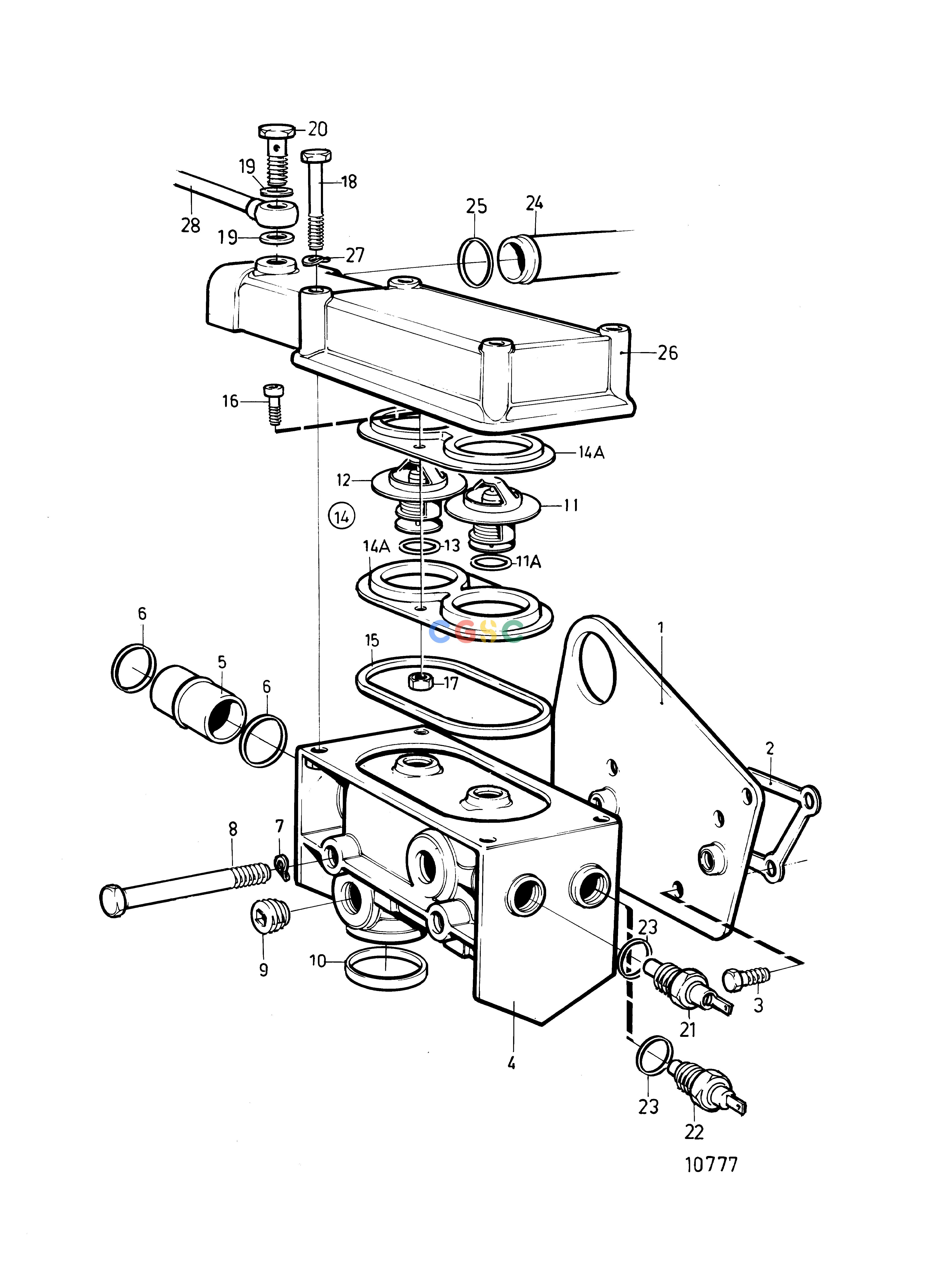 沃尔沃零件查询TMD41B; D41B; TAMD41B; AD41B; AD41BJCooling SystemThermostat Housing with Install. Comps for Sea Water Cooled VersionEPC Volvo Penta Parts catalog