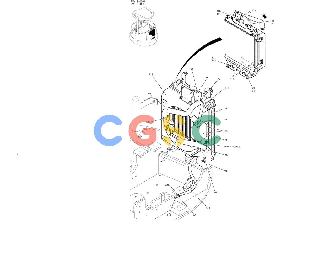 纽荷兰零件查询(E35SR) - COMPACT CRAWLER EXCAVATOR ASN PX13-15001 (N6TN61732) (NA) (1/06-) (05-003) - RADIATOR INSTAL (COOLER) New Holland Constructuion