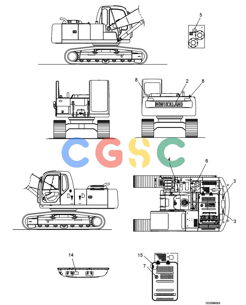 纽荷兰零件查询(EH215) - CRAWLER EXCAVATOR (9/03-) (09 -77[00]) - DECALS - FRAME (POSITION) YN22TU0008F1 New Holland Constructuion