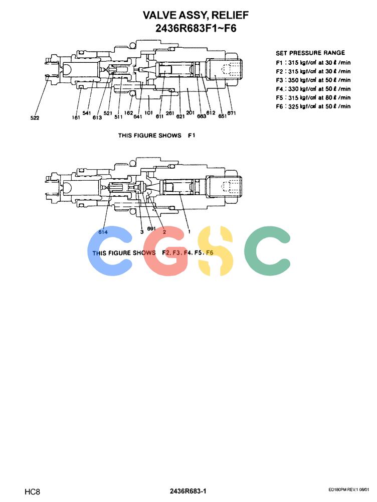 神钢零件查询(ED180) - BLADE RUNNER EXCAVATOR/DOZER ASN YLU0001 (1/99-12/01) (12-002) - VALVE ASSY, RELIEF (2436R683F1 - F6) Kobelco
