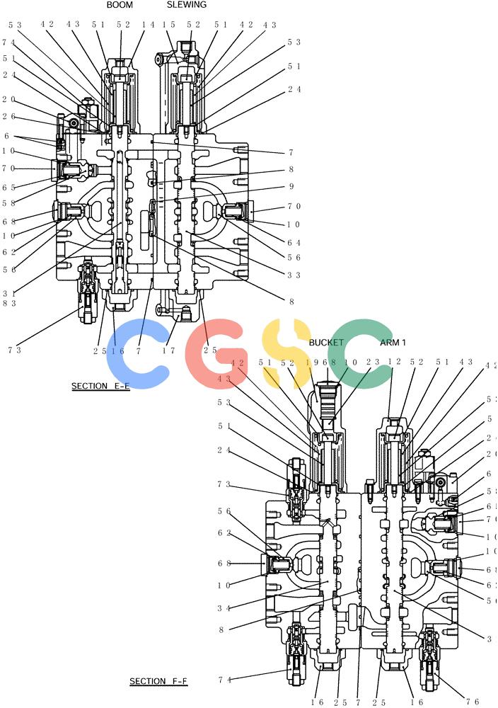 纽荷兰零件查询(E215B) - CRAWLER EXCAVATOR - TIER 3 (NA) - ASN N7DA21001 (1/07-) (8.044[04]) - VALVE ASSEMBLY, CONTROL (YN30V00101F1, F2 & F3), FIGURE 4 OF 5 New Holland Constructuion