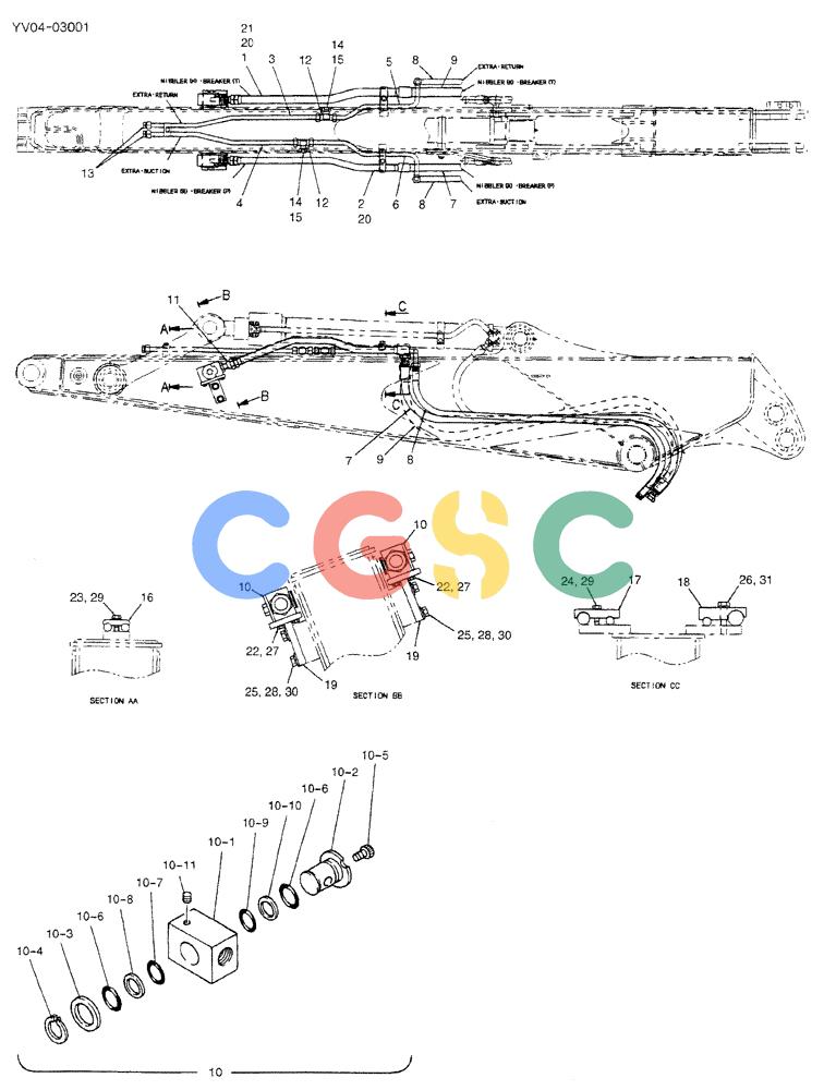 神钢零件查询(BREAKER) - ATTACHMENT (N&B) - SK115SR & SK135SR - ASN YV04, YY04, YH04-03001 (9/04-) (02-048) - HYD LINES, ARM 2.7M (EXTRA, NIBBLER & BREAKER) Kobelco