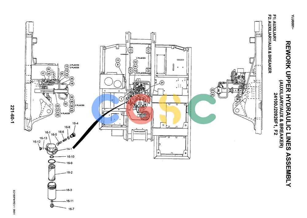 神钢零件查询(ED180) - BLADE RUNNER EXCAVATOR/DOZER ASN YLU0001 (1/99-12/01) (04-002[01]) - REWORK UPPER HYDRAULIC LINES ASSEMBLY (AUXILIARY/AUX & BREAKER) Kobelco