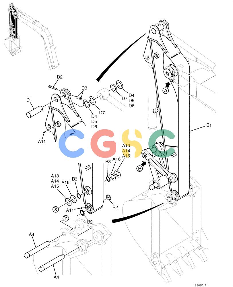 纽荷兰零件查询(E70BSR) - COMPACT CRAWLER EXCAVATOR BTW YT05-15001 - 18000 (NA) (4/08-) (04-06-01[01]) - ARM GROUP, LONG - 2.13M (7FT 0IN), PAGE 1 OF 2 New Holland Constructuion