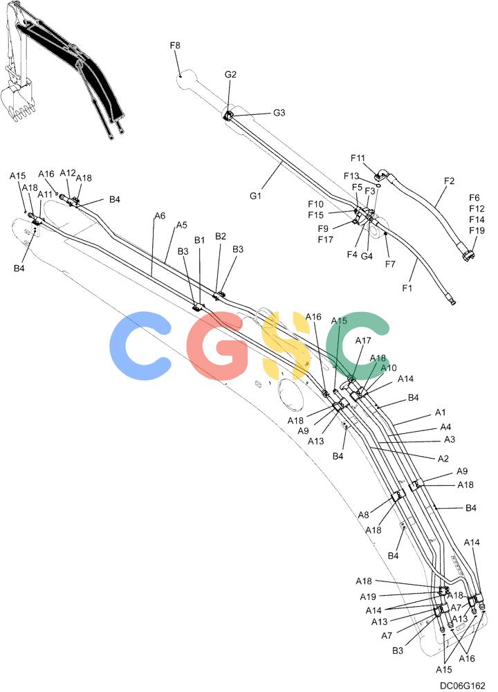纽荷兰零件查询(E215B) - CRAWLER EXCAVATOR - TIER 3 (NA) - ASN N7DA21001 (1/07-) (3.004[00]) - HYDRAULIC LINES, BOOM (BASE + STD) (YN42H00328F1), FIGURE 1 OF 2 New Holland Constructuion