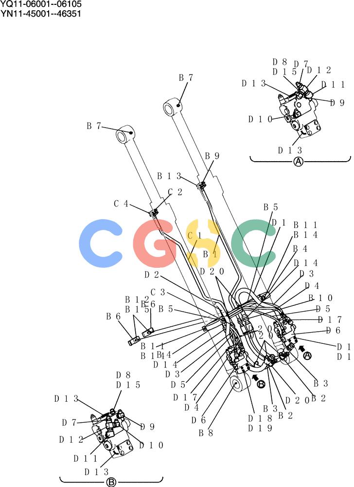 神钢零件查询(200-8) - EXCAVATOR S/N YN11-45001 - (1/06-12/09) (852-01-2) - HYD LINES, BOOM 7.0M (23FT) (40FT LONG RANGE) Kobelco