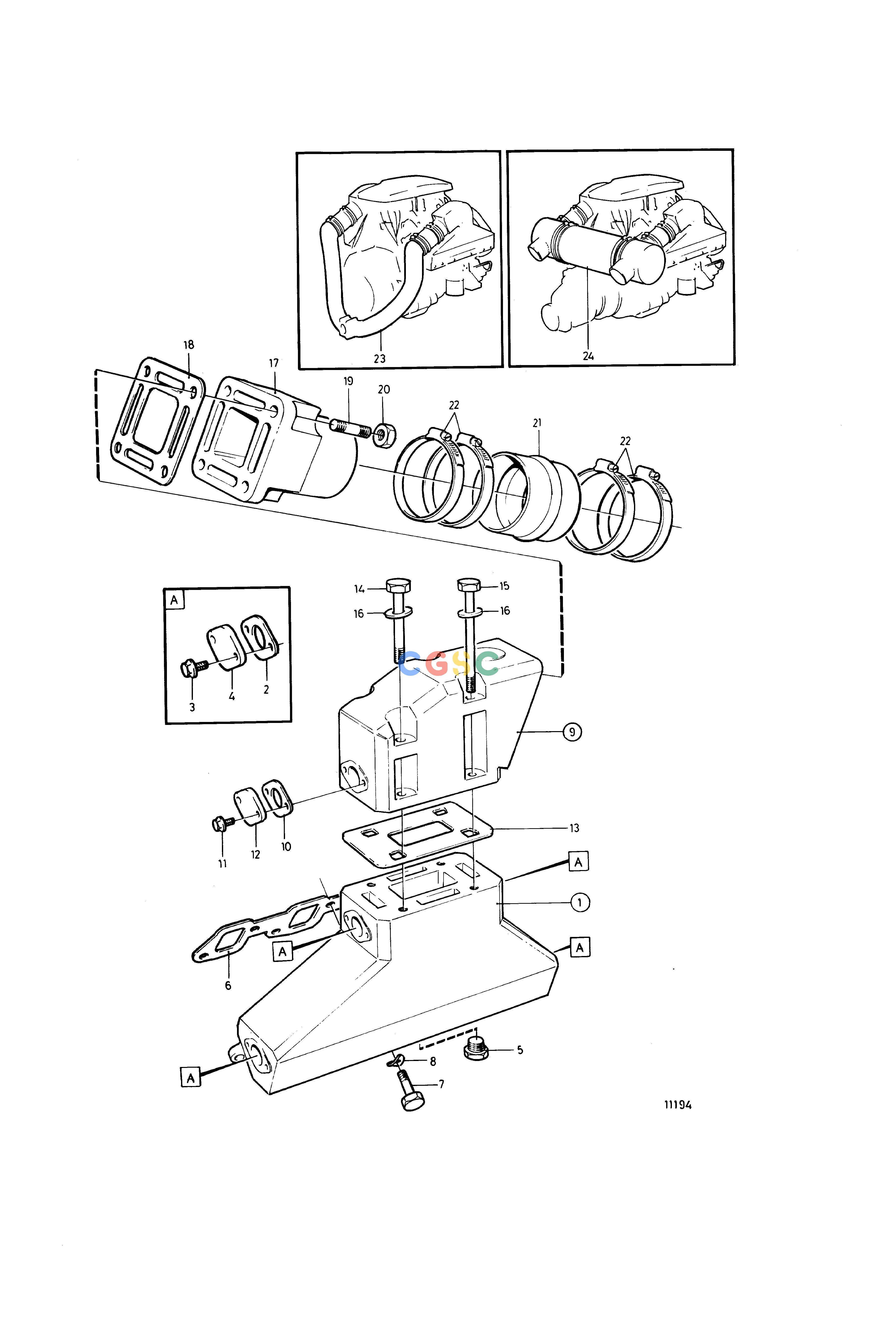 沃尔沃零件查询430; 430A; 430B; 431A; 431B; 432A; 434A; 500B; 501B; 570A; 572A; 740B; DP-A; DP-A1; DP-A2; DP-C; DP-C1; DP-C1 1.95; DP-C1 2.30; DP-D; DP-D1; DP-D1Cooling SystemExhaust Manifold for Cooling System with Heat ExchangerEPC Volvo Penta Parts catalog