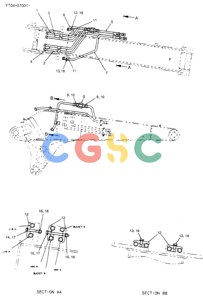 神钢零件查询(BOOM) - ATTACHMENT, (2 PIECE) - SK70SR-1E & SK70SR-1ES ASN YT04-07001 (1/04-12/12) (02-007) - HYDR LINES, BOOM MAIN Kobelco