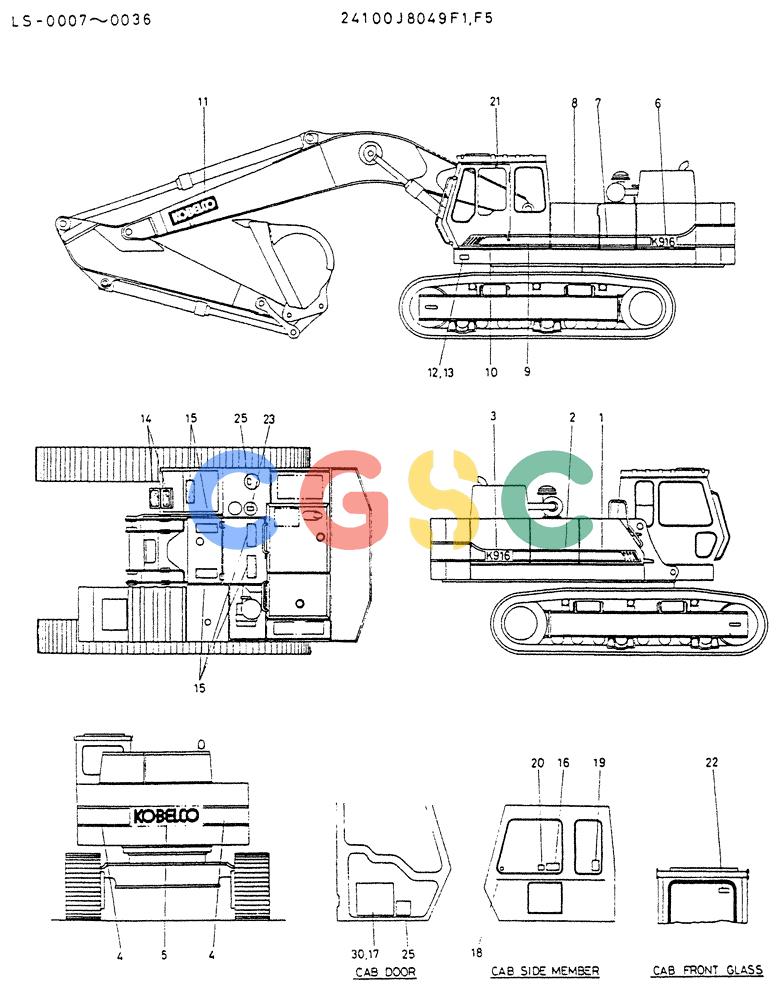 神钢零件查询(K916LC) - EXCAVATOR ASN YS0119 (1/87-12/03) (08-035[01]) - LABEL,NAME PLATE (FOR EXPORT)-P/N 24100J8049F1 Kobelco
