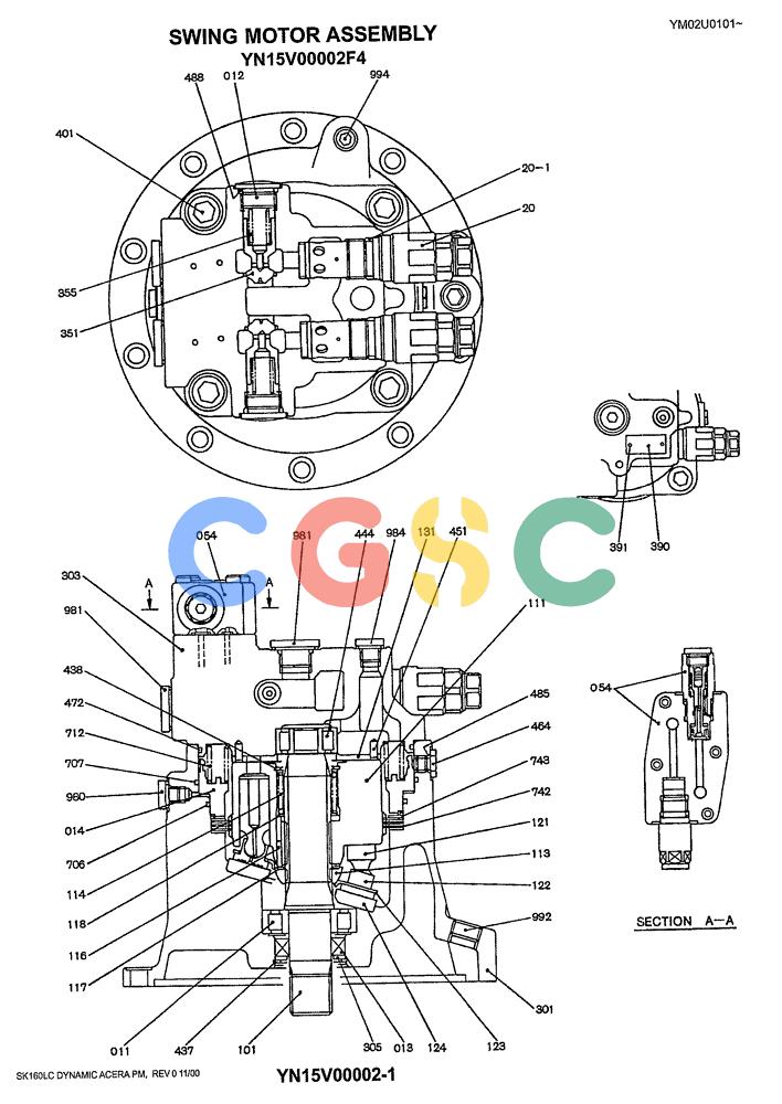 神钢零件查询(SK160LC) - DYNAMIC ACERA EXCAVATOR 11/2000 ASN YM02U0101 (11/00-12/02) (08-019) - SWING MOTOR ASSY P/N YN15V00002F4 Kobelco