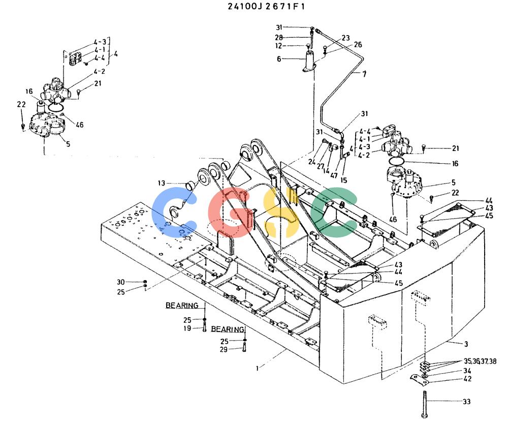 神钢零件查询(K935) - EXCAVATOR BTW L70106 - L70166, LU0067 (1/76-12/03) (11-001) - FRAME ASSY, UPP, G.M. ENG. MOUNT Kobelco