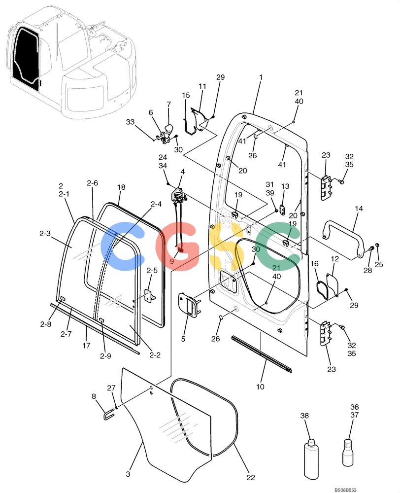 纽荷兰零件查询(E70BSR) - COMPACT CRAWLER EXCAVATOR BTW YT05-15001 - 18000 (NA) (4/08-) (02-42-00[00]) - DOOR ASSEMBLY, CAB (YB51C00004F1) New Holland Constructuion