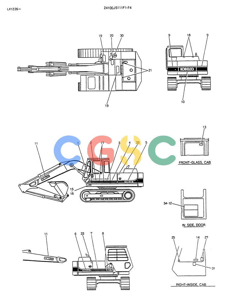 神钢零件查询(K904DL) - EXCAVATOR ASN LX1201 (1/84-12/03) (17-013) - LABEL, NAME PLATE (FOR LONG CRAWLER) P/N 24100J5111F1,F4 Kobelco