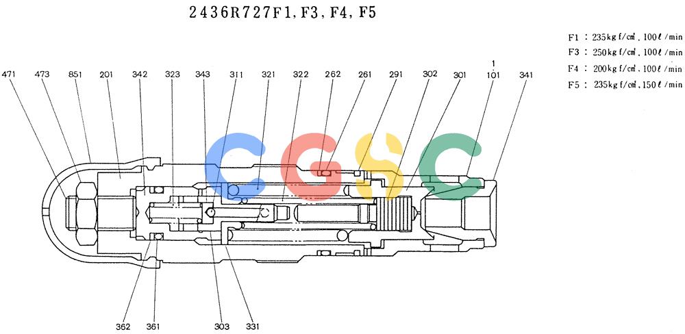 神钢零件查询(K905LC) - MARK II EXCAVATOR BTW YP1001 - YP1281 (1/87-12/03) (11-007) - VALVE ASSY, RELIEF (P/N 2436R727F1,F3,F5) Kobelco