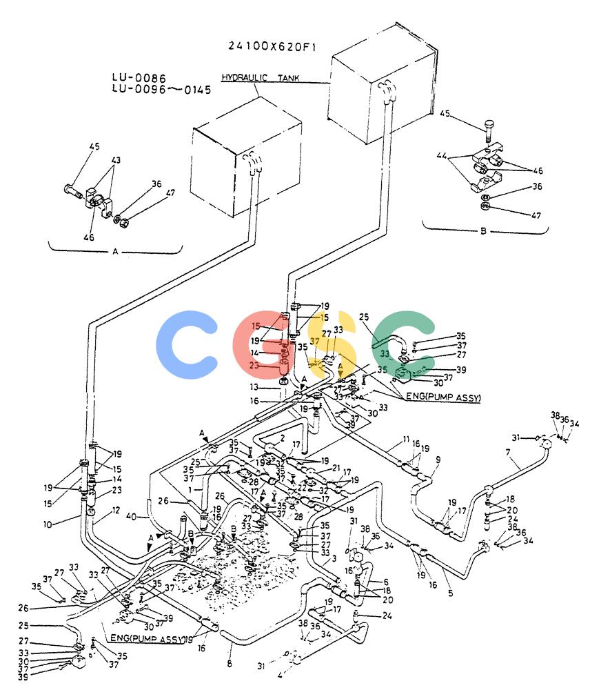 神钢零件查询(K935) - EXCAVATOR SUPPLEMENT ASN LU00154 (1/76-12/03) (04-001) - HYDR LINES UPP P/N 24100X620F1 Kobelco