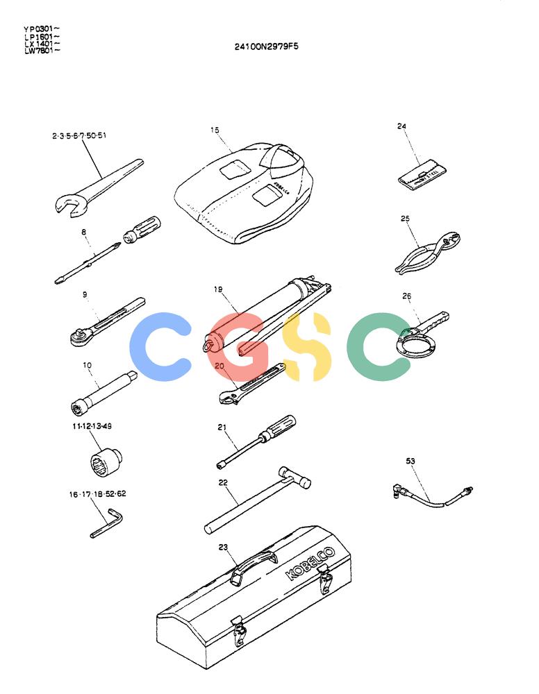 神钢零件查询(K905ALC) - EXCAVATOR ASN YP0301 (1/86-12/03) (10-005) - TOOL ASSY, P/N 24100N2979F5 Kobelco