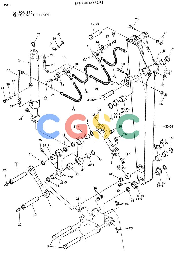 神钢零件查询(K903C) - EXCAVATOR ASN LE5701 (1/87-12/03) (08-002) - ARM ASSY, 2.1M (6FT 11IN), P/N 24100J6135F2 Kobelco