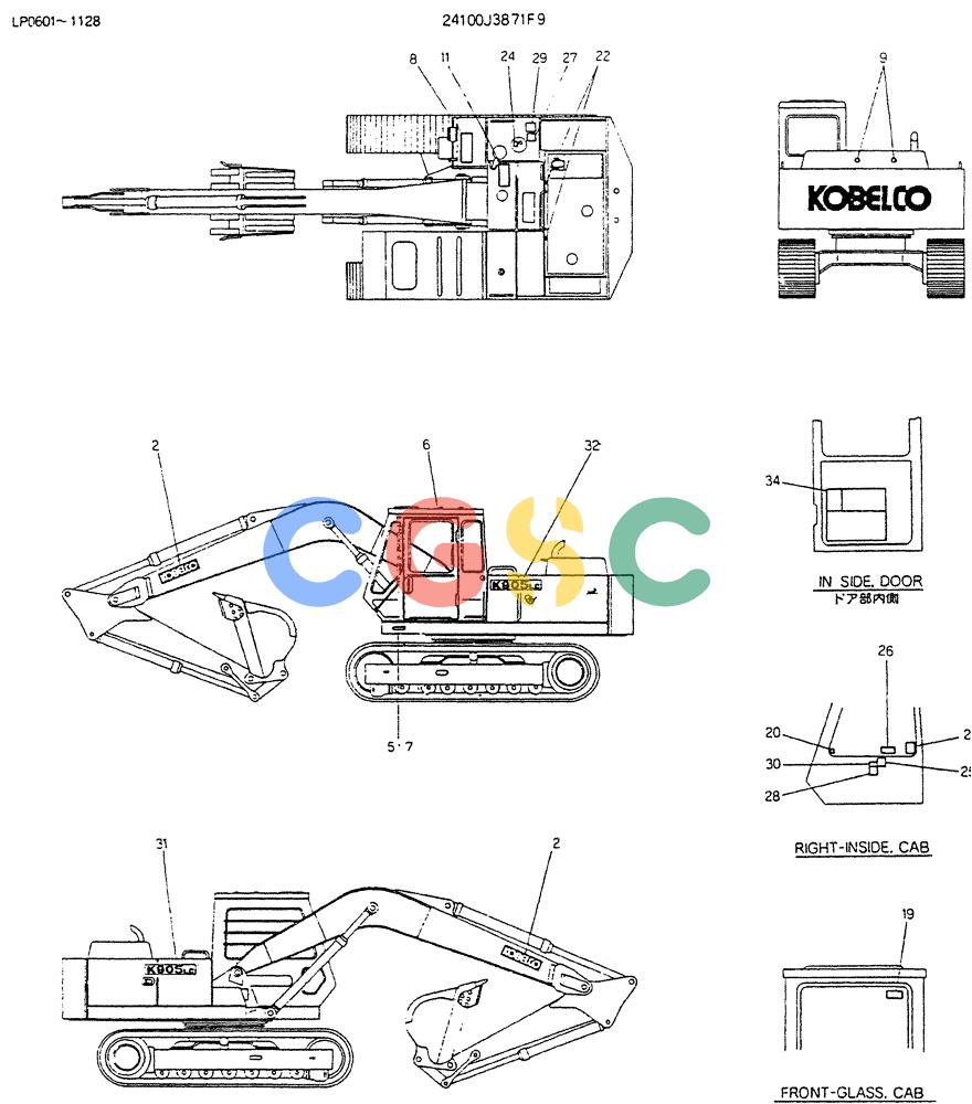 神钢零件查询(K905LC) - EXCAVATOR BTW YP0115 - YP0301 (1/85-12/03) (10-016) - LABLE,NAME- PLATE P/N 24100J3871F9 Kobelco