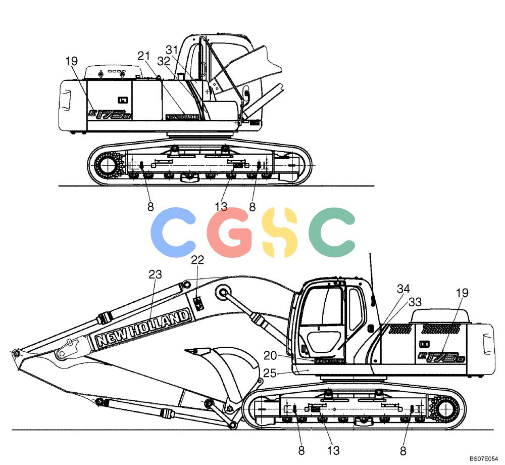 纽荷兰零件查询(E175B) - CRAWLER EXCAVATOR TIER 3 (NA) - N7DA16301 - (5/07-) (07-01[00]) - NAME PLATE INSTALLATION, (EXTERIOR) LOCATION (YN22TU0023F4) New Holland Constructuion