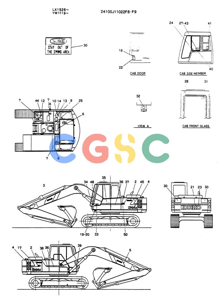 神钢零件查询(K904) - MARK II EXCAVATOR ASN YW1119 (1/88-12/03) (10-003) - LABEL, NAME-PLATE, P/N 24100J11022F8 Kobelco