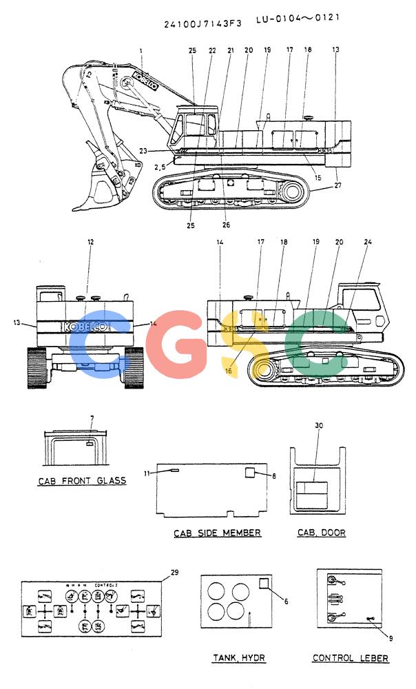神钢零件查询(K935) - EXCAVATOR SUPPLEMENT ASN LU00154 (1/76-12/03) (09-017) - LABEL, NAME PLATE P/N 24100J7143F3 Kobelco