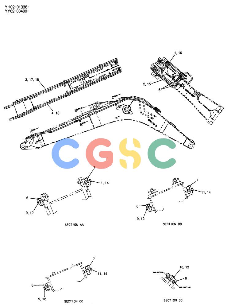 神钢零件查询(ED150) - BLADE RUNNER EXCAVATOR/DOZER BTW YL04-00501 - YL04-00554 (4/03-10/03) (07-015) - HYD LINES, BOOM 4.6M (15FT 1IN) (NIBBLER & BREAKER) P/N YY42H00085F1 Kobelco