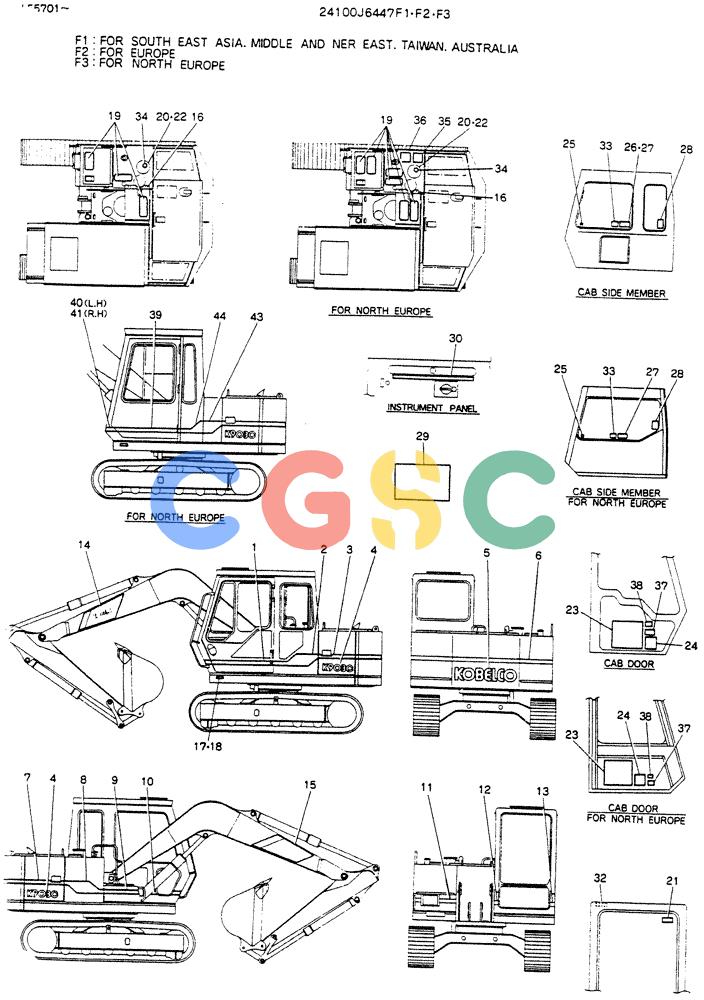 神钢零件查询(K903C) - EXCAVATOR ASN LE5701 (1/87-12/03) (09-003[02]) - LABEL, NAME-PLATE, P/N 24100J6447F2 Kobelco
