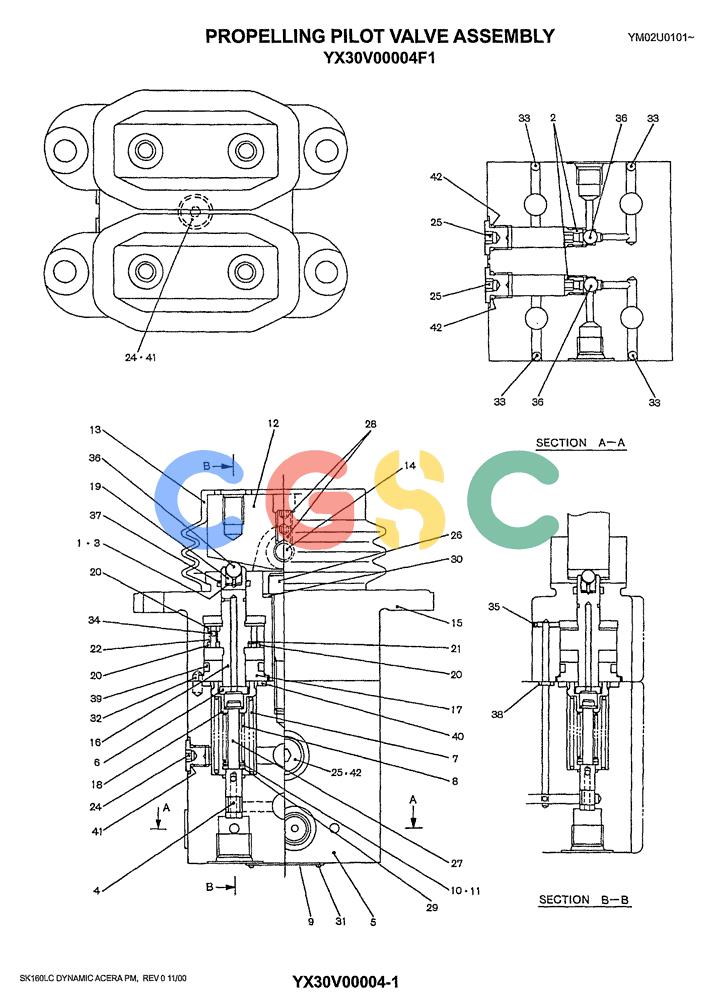 神钢零件查询(SK160LC) - DYNAMIC ACERA EXCAVATOR 11/2000 ASN YM02U0101 (11/00-12/02) (08-027) - PROPELLING PILOT VALVE ASSY P/N YX30V00004F1 Kobelco