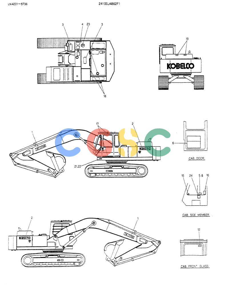 神钢零件查询(K907CLC) - EXCAVATOR BTW YG0101 - YG0500 (1/85-12/03) (15-003) - LABEL,NAME-PLATE P/N 24100J4862F1 Kobelco