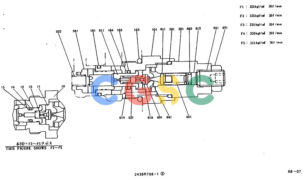 神钢零件查询(MD240BLC) - EXCAVATOR BTW LLU0001 - LLU0300 (1/80-12/06) (11-011) - VALVE ASSY, PORT RELIEF 2436R768F1~F5 Kobelco